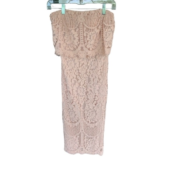 Lulus Delia Blush Pink Lace Strapless Midi Dress - Picture 2 of 8